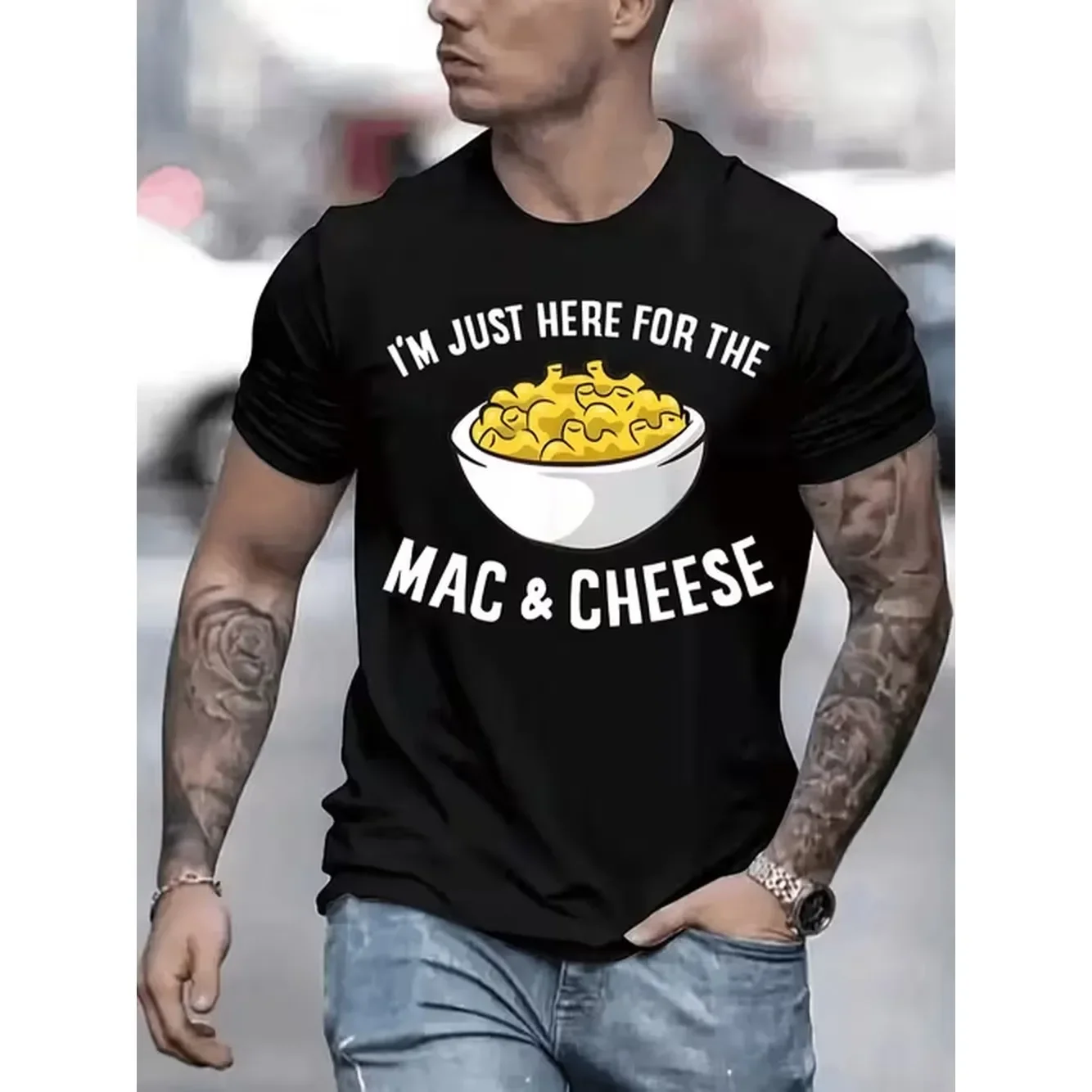 I Am Just Here For The And Cheese Mens Tshirt Comfortable Crew Neck Casual Cotton Soft Breathable Top Menswear Tshirt Streetwear Cotton Fabric Trendy Letter Print