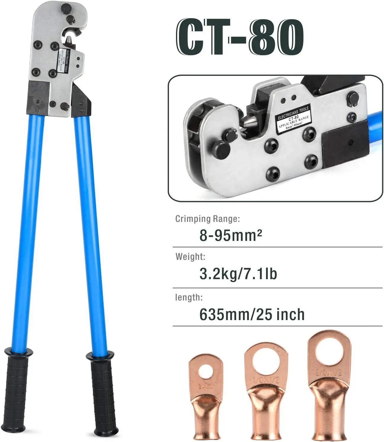 

CT-80 Crimping Pliers Tube Terminal Crimper Hex Lug Crimping Tool Multitool Battery Cable Lug Cable Hand Tools for 8-80mm2