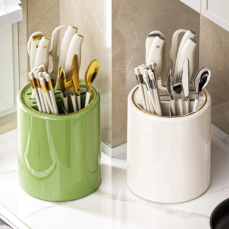 Multifunctional Kitchen Rotating Knife Holder Elegant Storage Box Drainage Chopsticks Tube Countertop Space Saver Organizer