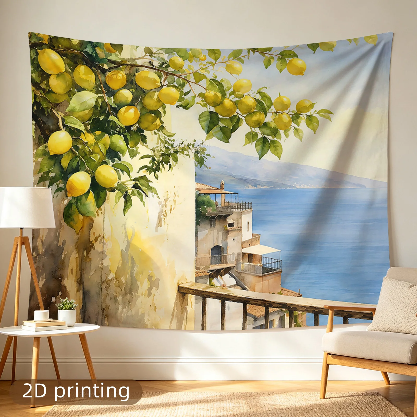 Vintage Mediterranean Lemon Grove Tapestry Wall Hanging Summer Coastal Art Watercolor Print European Seaside Home Decor Decorati
