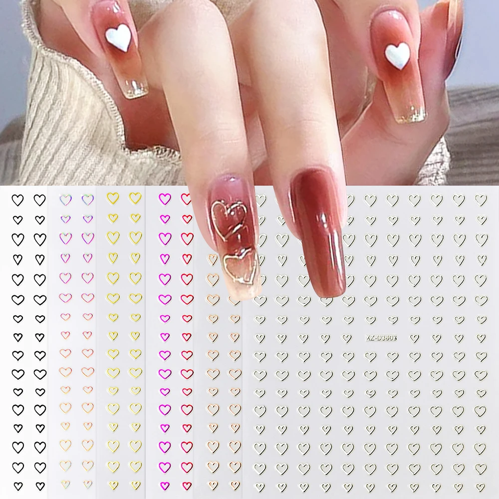 Romantic Hollow Love Heart Nail Stickers 3D Metal Silver Pink Red Heart Love Nail Art Decoration Luxury Valentine Manicure Decal