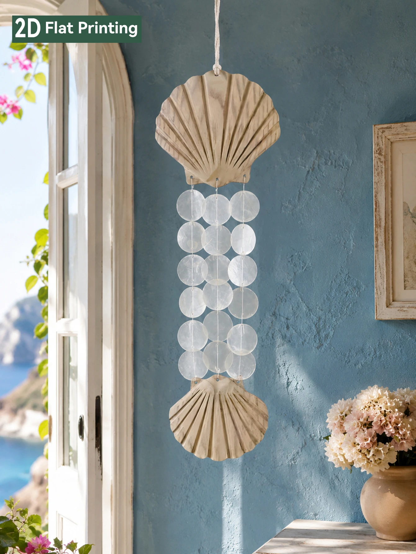 Wooden Capiz Shell Wind Chime Coastal Beach Home Decor Starfish Turtle Fish Seashell Wall Hanging Ornament for Balcony Window