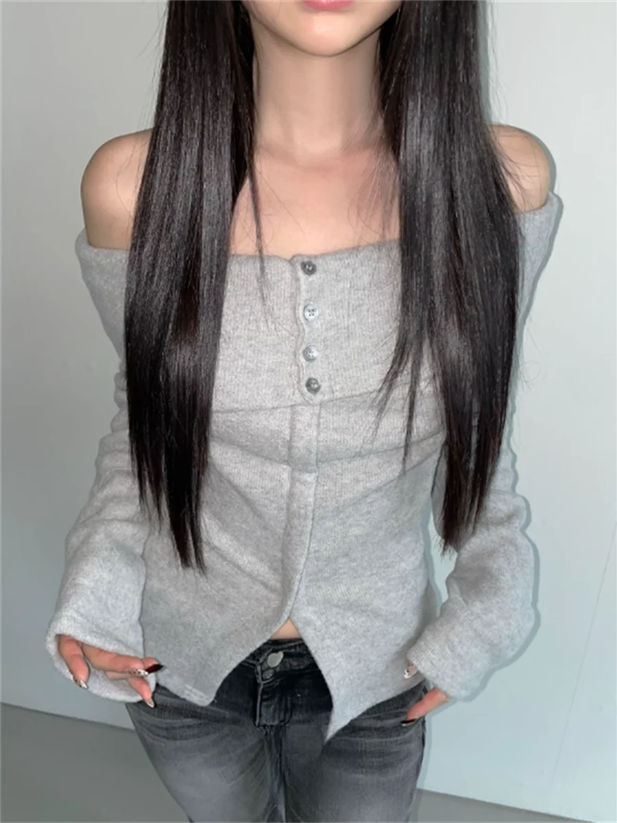 

Sexy Unique SEI Knitted Long Sve oulder Bared Collar Button up Winter Top Korean Sle Commute Faion Regular Fit Singl...