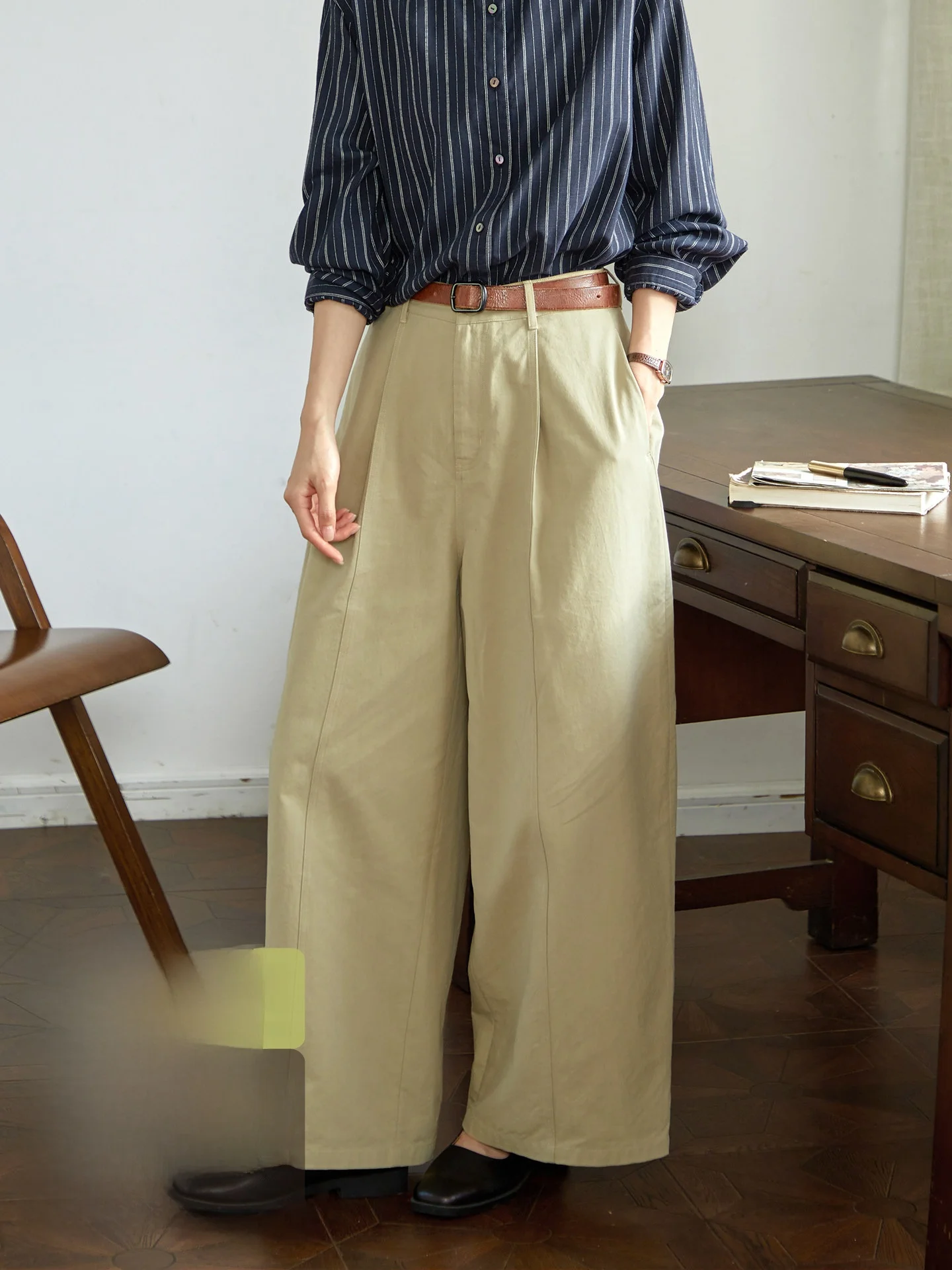 

Original Khaki Casual Women's Vintage Loose Wide Leg Pants High Waist Zipper Closure Cotton Blend Comfortable Breathable
