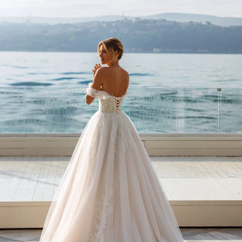 Vestido De Novia De princesa De línea A De tul, manga casquillo, elegante escote Corazón, encaje, apliques traseros, vestido De Novia