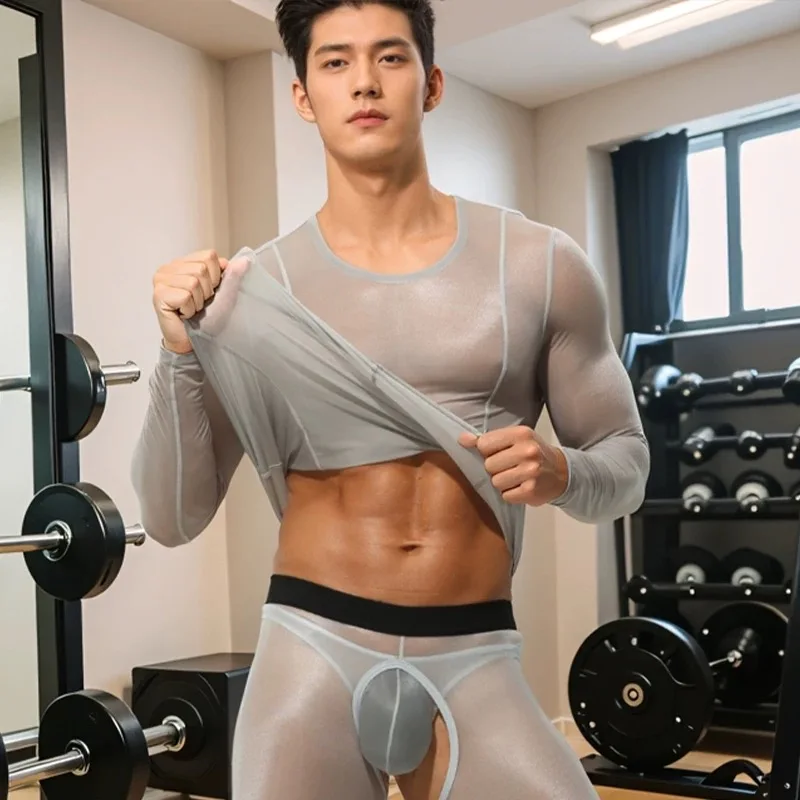 Fitness clothes shorts men's ultra-thin ice silk slightly transparent pants tank top shoulder running quick drying sports A874