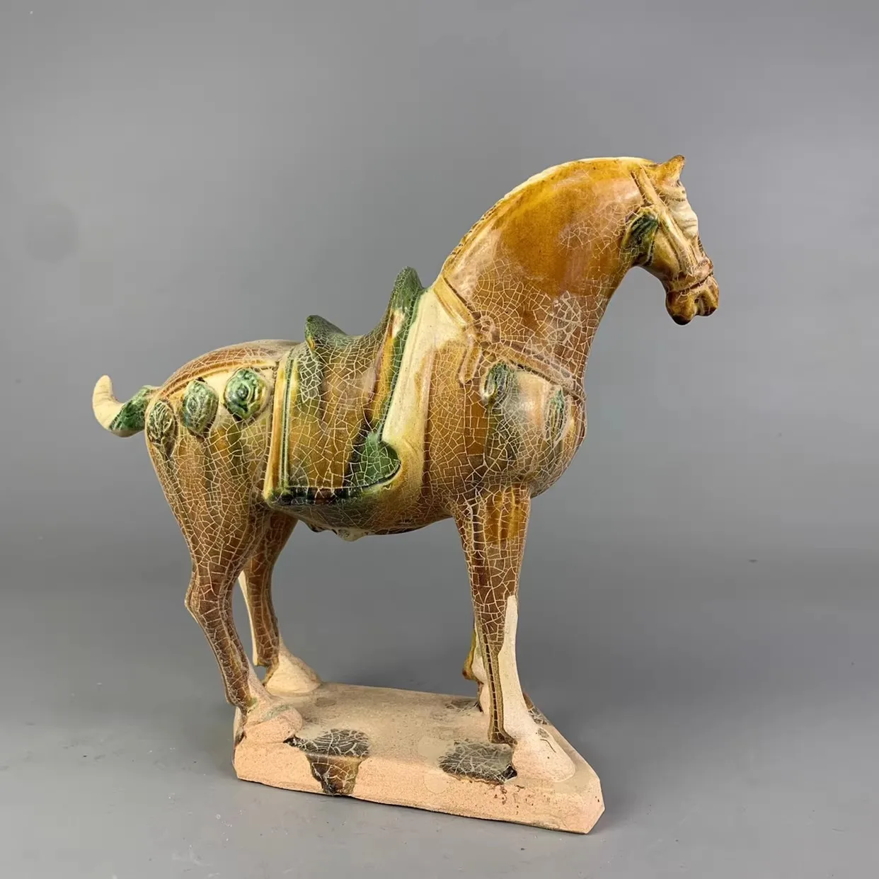 Chinese Tang Tri-Color Glazed Ceramics Yellow War Horse Porcelain Statue 8.11