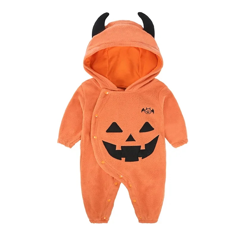 

New 2024 Halloween Performance Clothes Baby Romper Holiday Costumes Infants Fleece Warm Thicken Clothing Pumpkin Print Bodysuit