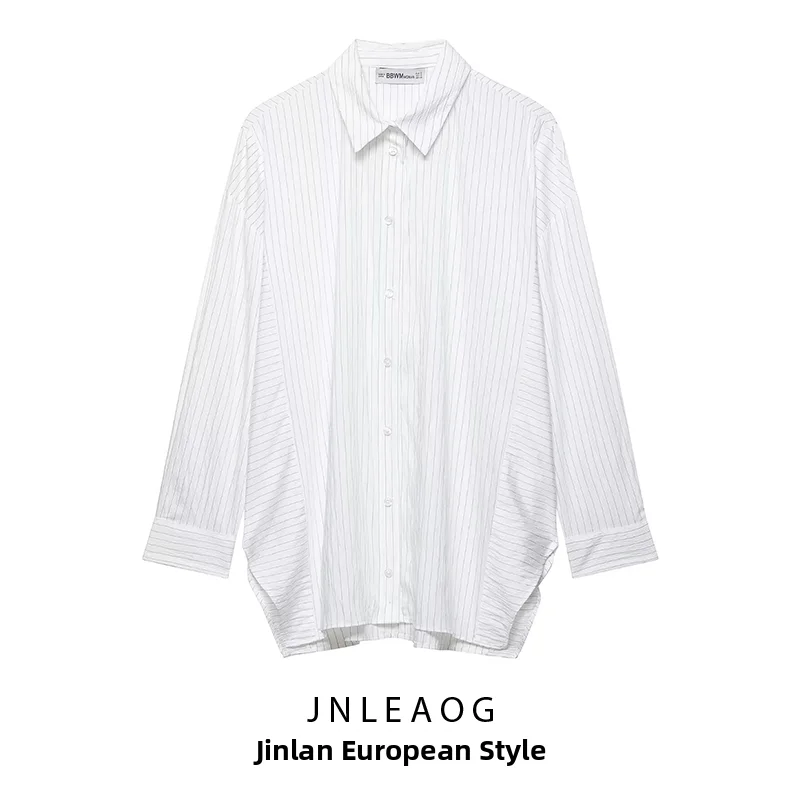 

JNLEAOG Модная повседневная женская рубашка в полоску свободного кроя, осенняя новинка, модель 97054, из полиэстера, с длинным рукавом, стандартный крой