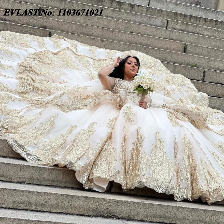 EVLAST disesuaikan renda Quinceanera gaun gaun gaun bola emas Applique manik-manik mutiara korset manis 16 Vestidos De 15 Anos SQ495