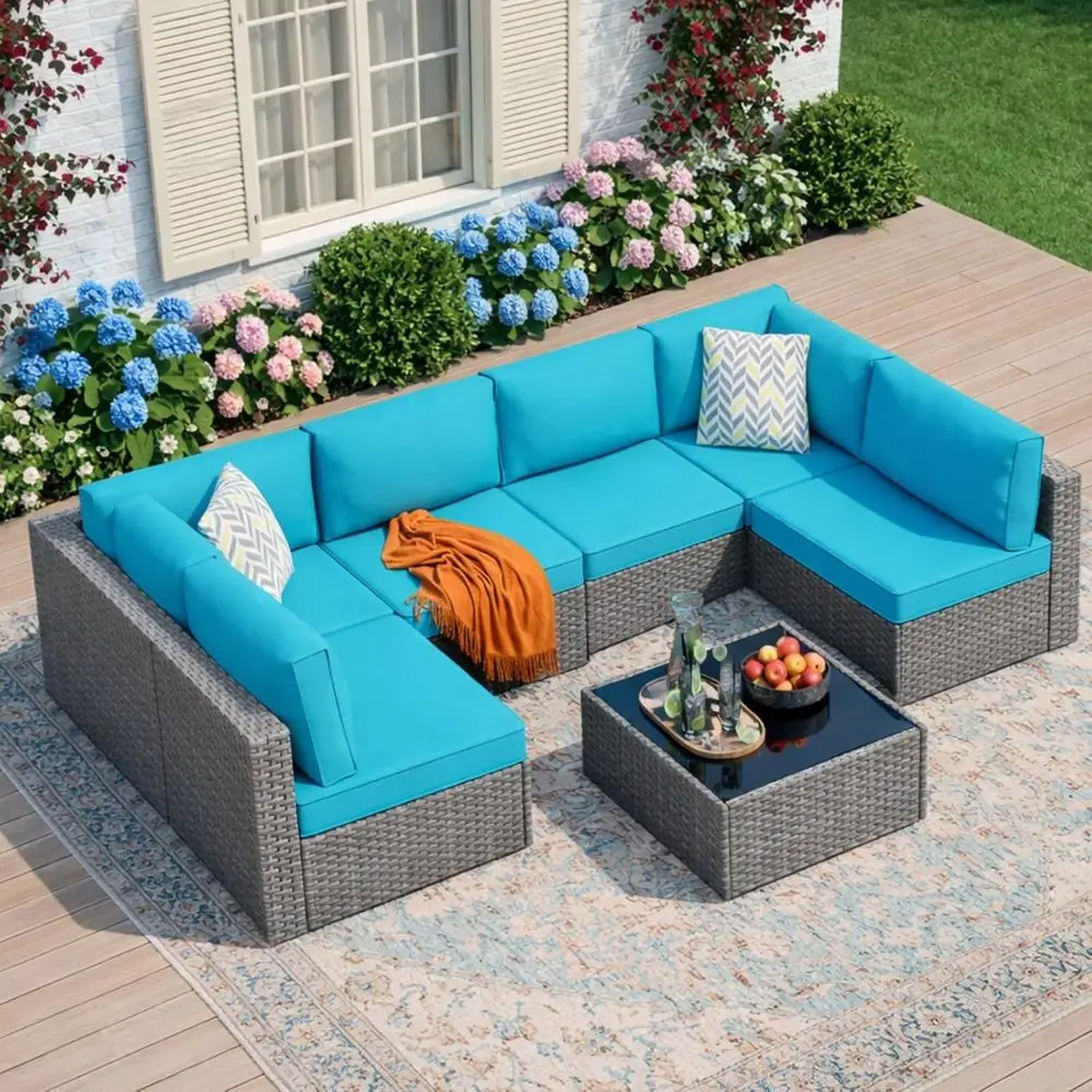 

7-Piece Outdoor Patio Furniture Set with PE Rattan Sectional Sofa, Thick Cushions, and Glass Coffee Table - Weather-Resistant fo