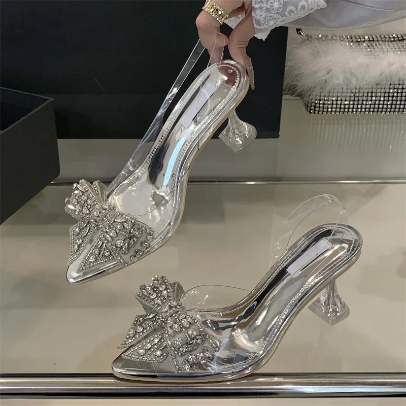 Eilyken Street Style Butterfly-knot Crystal Diamond Pointed  Toe Woman Pumps Elegant PVC Transparent High Heels Stripper Shoes