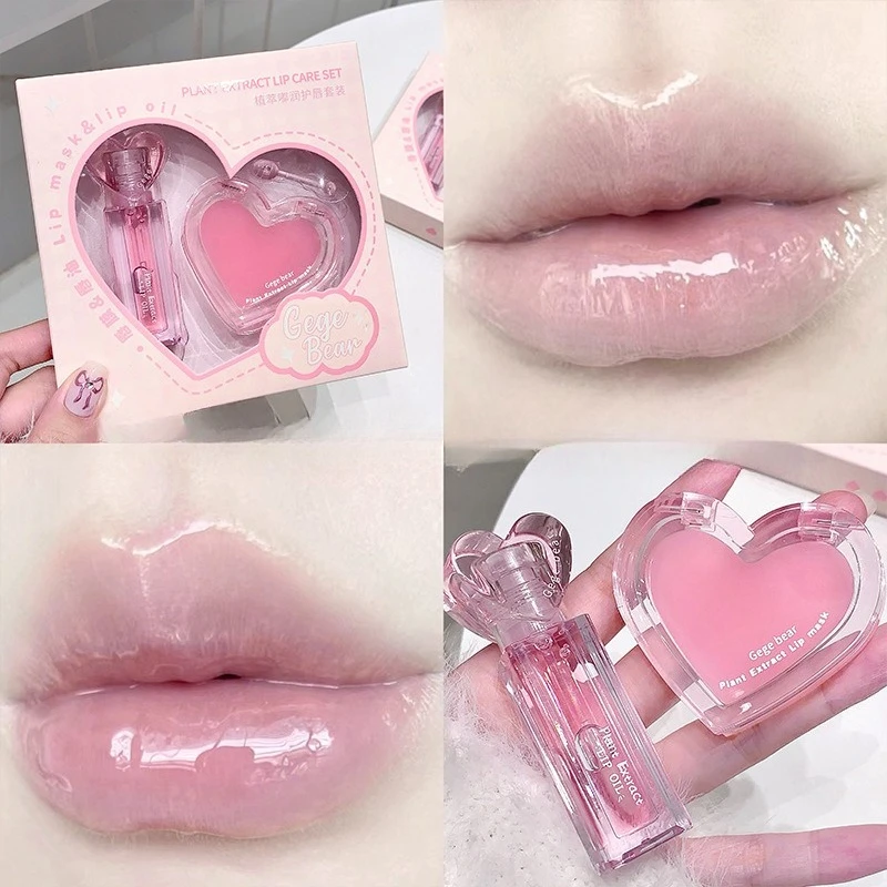 Pink Heart Lip Care Set Moisturizing Reduce Dry Wrinkles Transparent Tint Water Light Mirror Peach Lipstick Women Lips Makeup