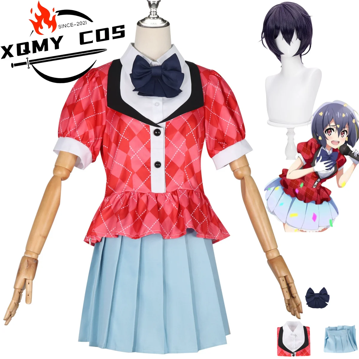 

XQAnime Zombie Land Saga Mizuno Ai Cosplay Costume Team Jersey Red T-shirt Skirt Uniform Wig Woman Cute Masquerade Suit