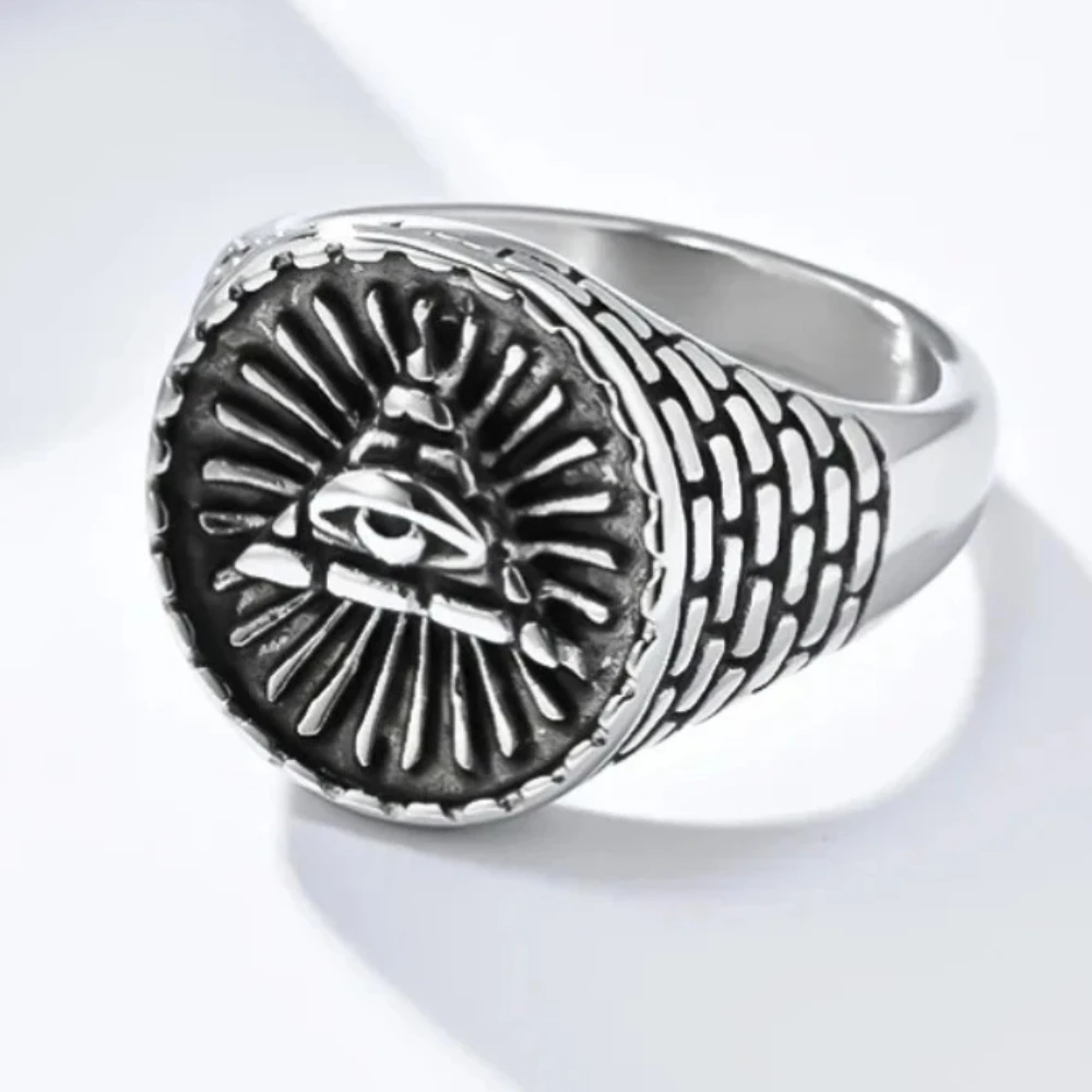 Retro Egyptian Triangle Pyramid Titanium Steel Ring Men's Eye of God Talisman Rings Jewelry Gifts