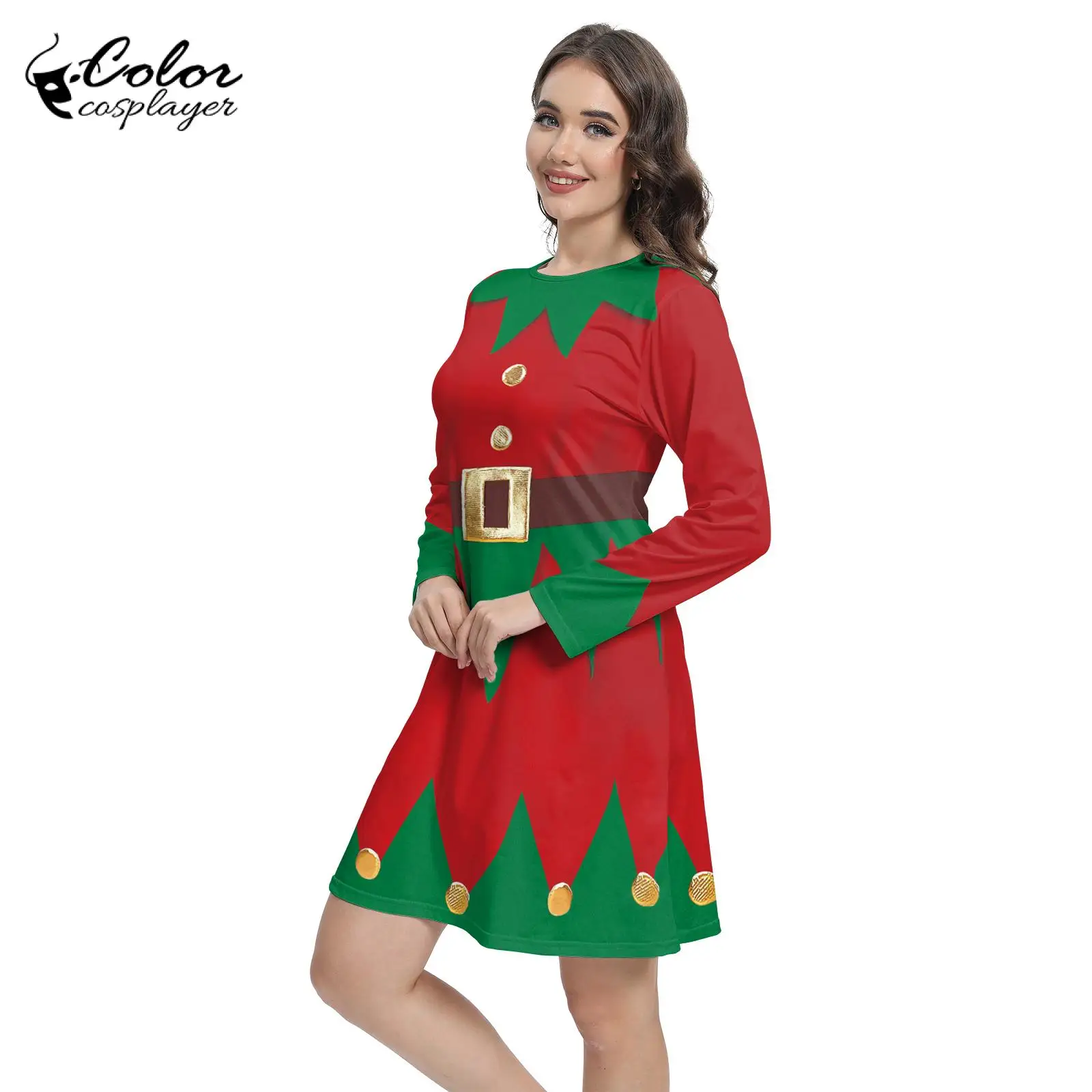 Color Cosplayer Elf Dress Christmas Dress Long Sleeved Gown Santa Claus Cosplay Costume Halloween Dress Up Party Carnival Robe