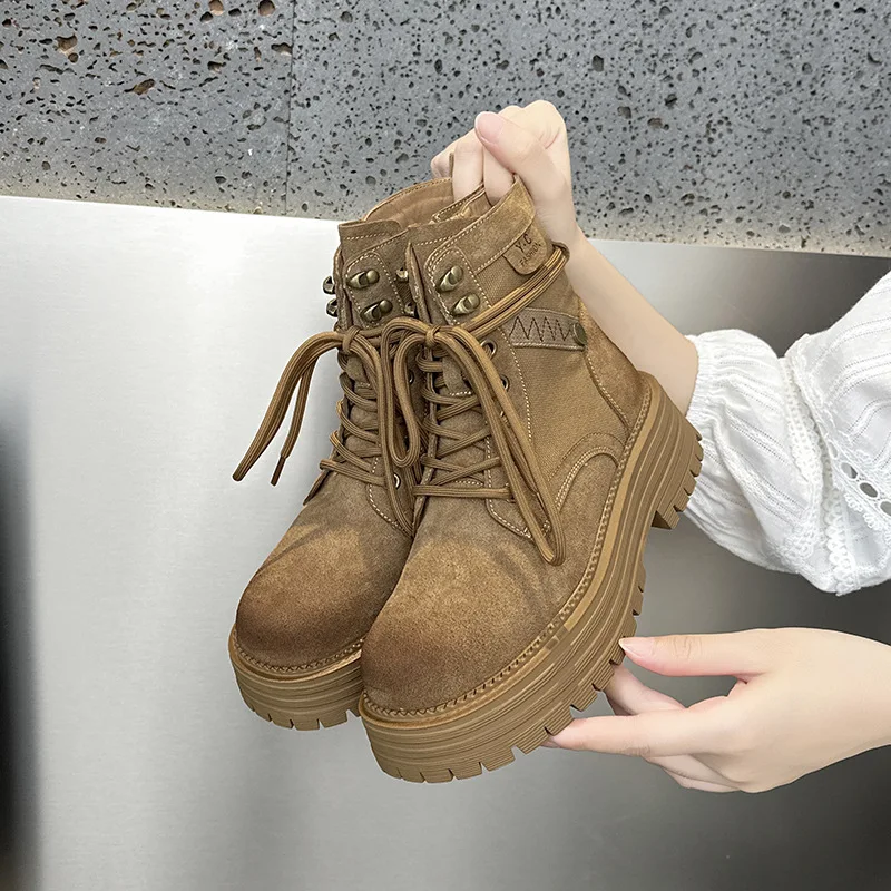 Retro Dames Effen Kleur Ronde Neus Korte Laarzen Dikke Bodem Wandelschoenen Ademend Outdoor Vrije tijd All-match Cosplay Laarzen Nieuw