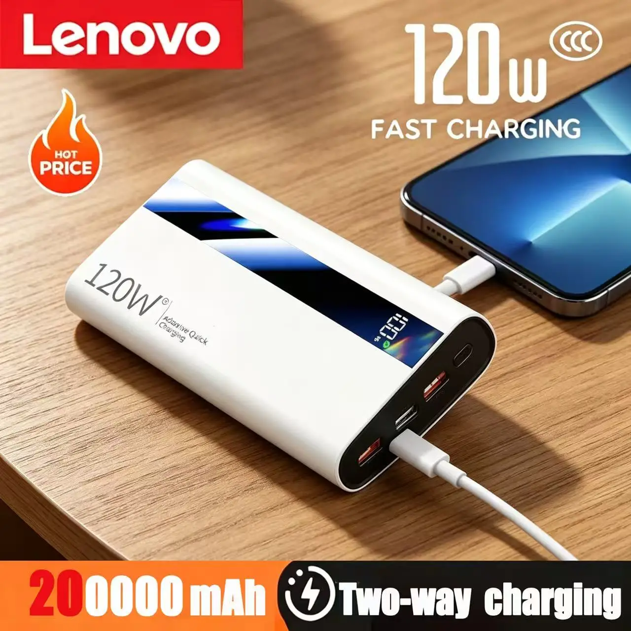 Lenovo  CCC Powerbank 120W 50000mAh Super Fast Charging Portable Battery Charger Ultra Capacity LED Digital Display For IPhone