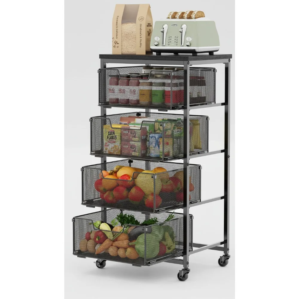 

4-Tier Rolling Kitchen Cart with Wooden Top & Lockable Wheels - Vegetable Storage Organizer for Home