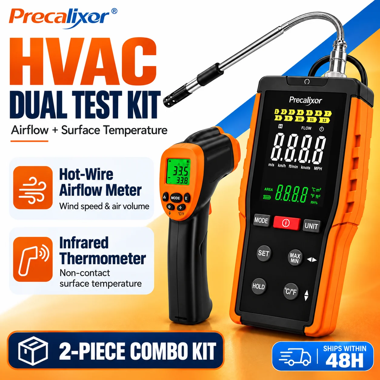 HVAC Hot Wire Anemometer Wind Speed Air Flow Meter -50°C to 700°C Infrared Thermometer Gun 2-Piece Kit for AC Duct Vent Testing