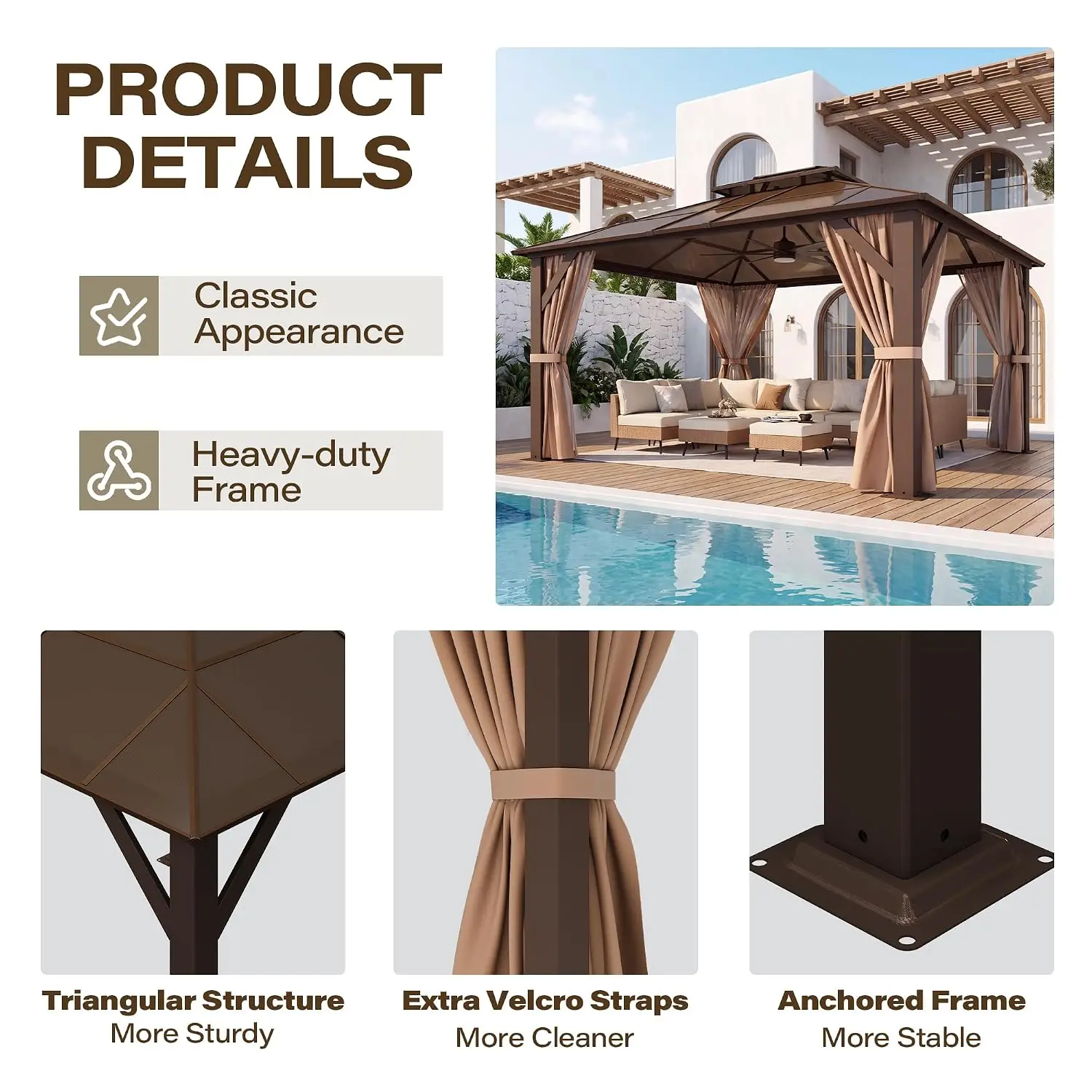 12'x14' Hardtop Gazebo with Polycarbonate Double Roof, Heavy Duty Metal Frame Outdoor Pavilion with Netting &, Customized