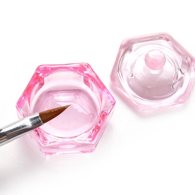 Prato de cristal rosa para manicure, pó acrílico, suporte líquido, tampa geométrica do prego, copo, tigela, acessórios