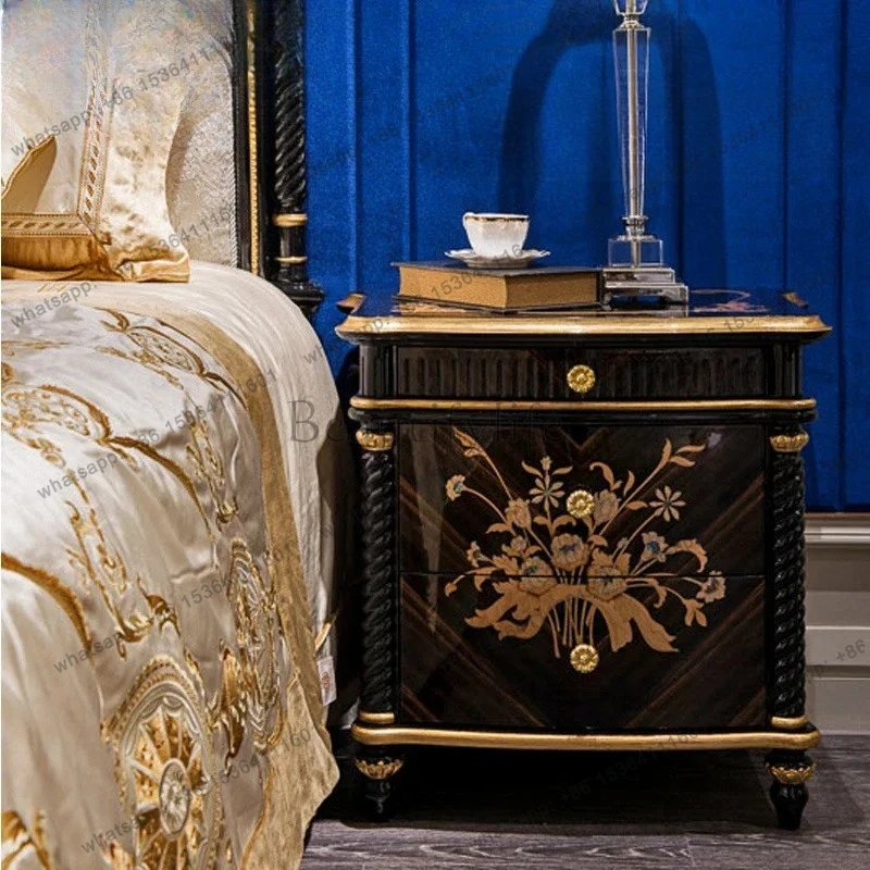 Bedside table Neoclassical villa solid wood carving flower black storage cabinet bedroom tracing gold and silver locker