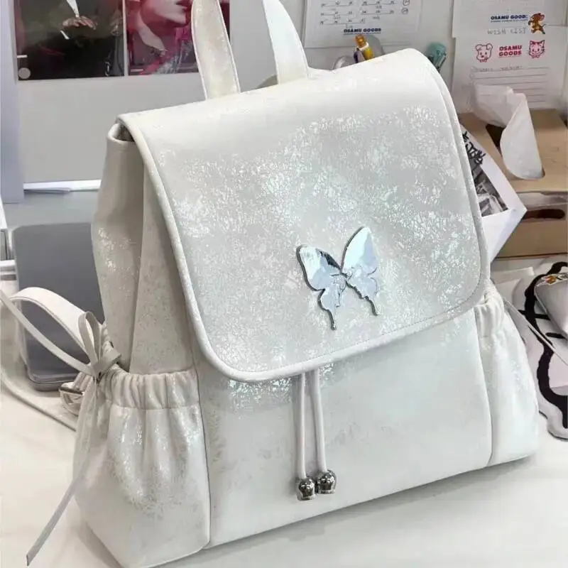 White Ballet Style Women Bow Butterfly Patch Large Capacity Backpack Ladies Elegant Gentle Exquisite Mochilas Mujer New