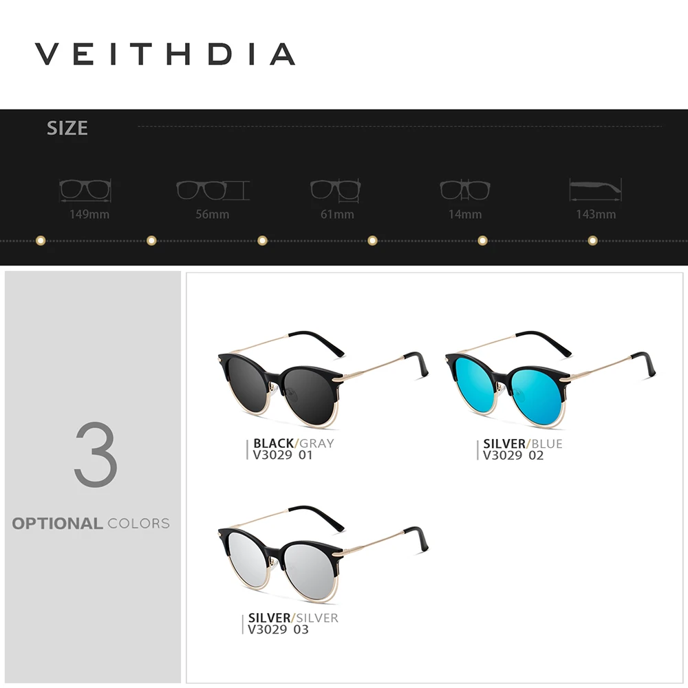 VEITHDIA Brand Alloy+TR90 Women\'s Polarized UV400 Lens Mirror Sun Glasses Eyewear Vintage Outdoor Sunglasses For Female V3029