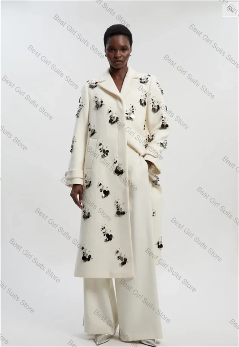 Branco cashmere feminino terno 1 peça de lã blazer vestido de baile inverno lantejoulas formal senhora do escritório jaqueta personalizado festa casamento casaco