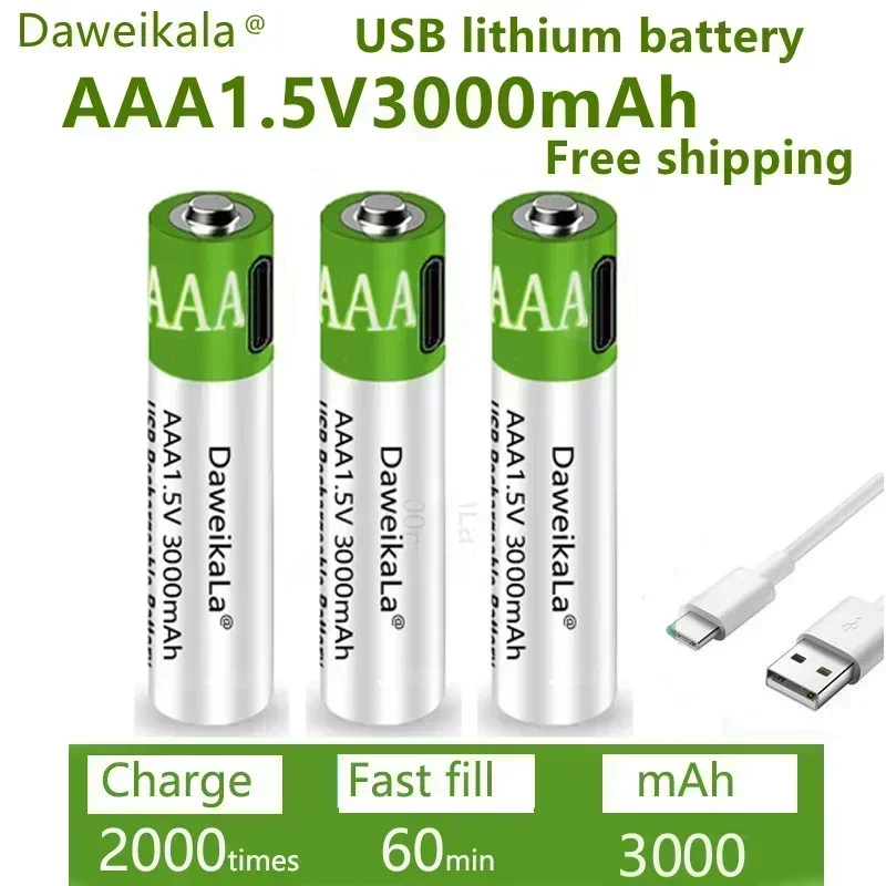 USB AAA Rechargeable Batteries 1.5V 3000mAh Li-ion Battery for Remote Control Mouse Electric Toy Battery + Type-C Cable