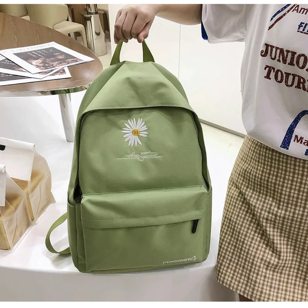 Backpack Casual Canvas Book Backpack Green with Daisy Embroidery Large Capacity Street Travel Bag Student School Bags Portable