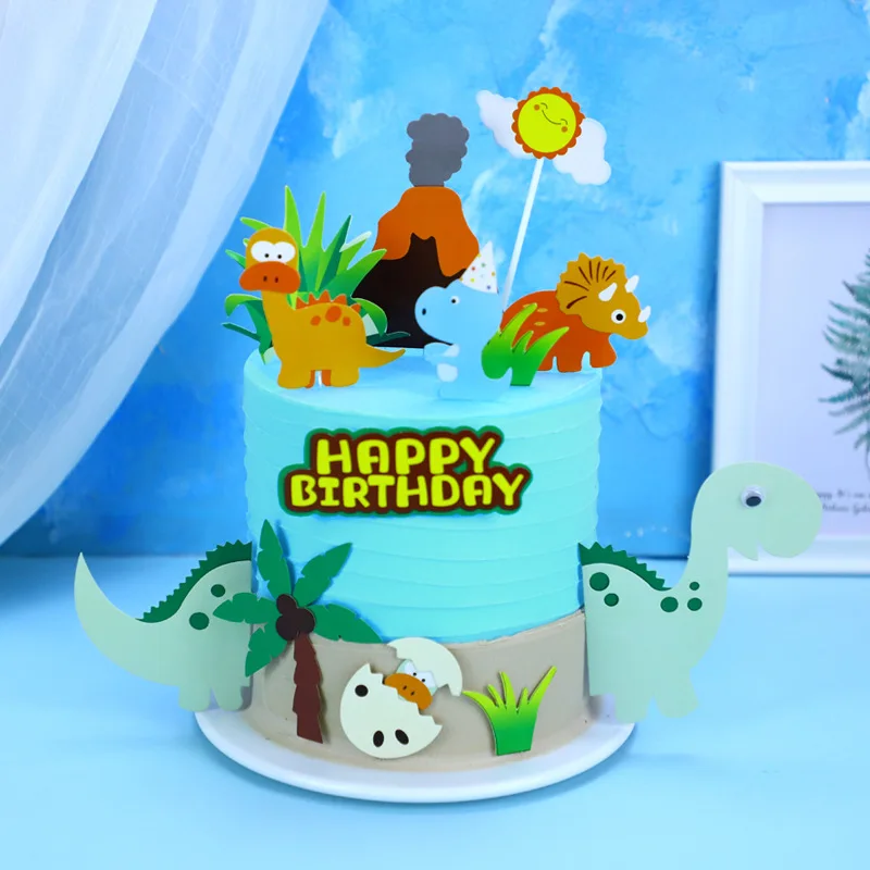 Forest Dinosaur Birthday Cake Topper Baking Cake Decoration Jungle Safari Dino Raor Happy Birthday Party Decor Kids Boy Supplies