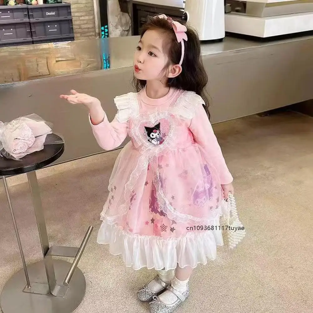 Cartoon Spring Children Lolita Dress Sanrios Anime Kuromi Lace Pearls Birthday Party Kawaii Tulle Dress Lolita Princess Dress