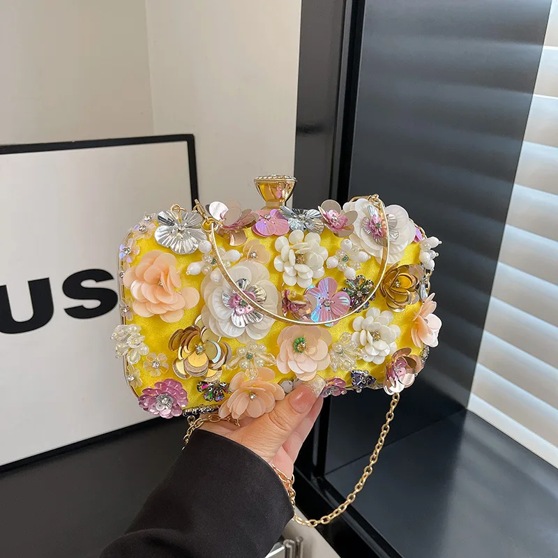 

Женский клатч ручной работы с бисером, новинка 2023 года, винтажная элегантная вечерняя сумка на плечо, роскошная вечерняя квадратная сверкающая сумка с цветочным принтом