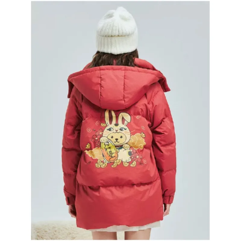 Red hooded retro Orientalism warm coat white duck down jacket women down jacket