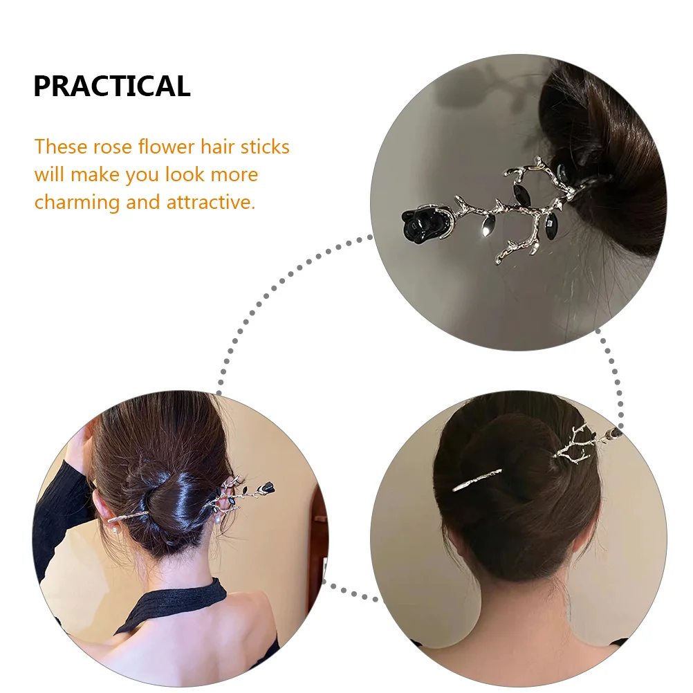 

2 Pcs Metal Flower Hairpin Rose Buns Pins for Wedding Accessories Stick Retro Holder