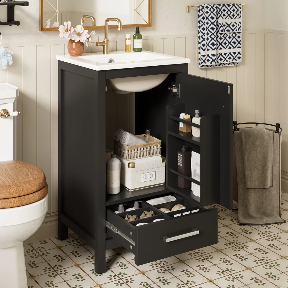 

18-Inch Modern Bathroom Vanity: Ceramic Sink, Soft-Close Drawers/Organizer, Divider Drawer, Adjustable Pads – Space-Saving for