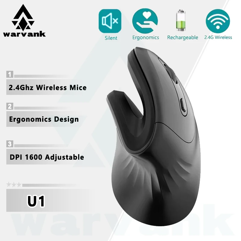 

Warvank U1 Ergonomics Vertical Wireless Mouse Rechargeable Silent Office Mice DPI Adjustable For Laptop PC Computer Office Home