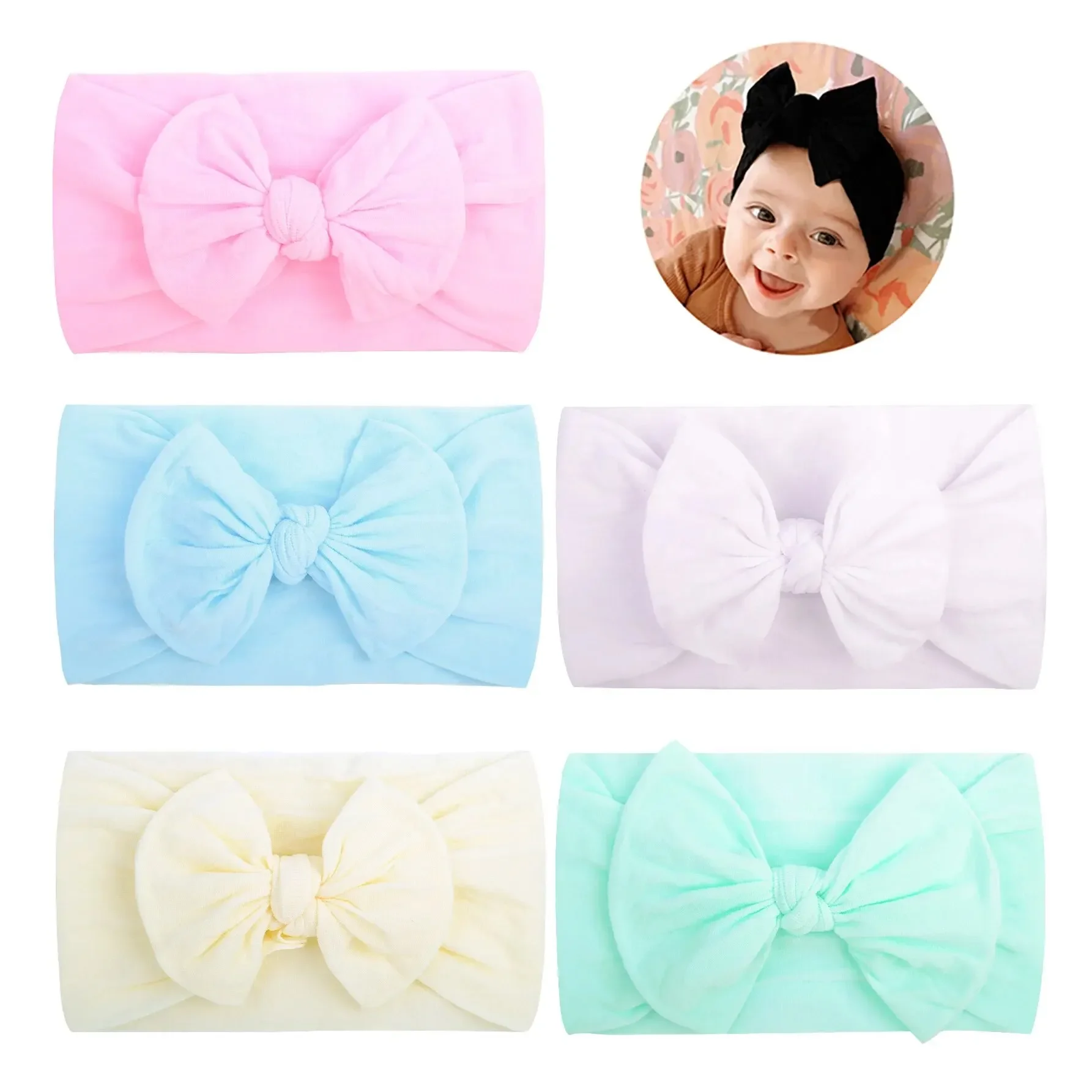 Set of 5 Comfortable Baby Nylon Bow Headbands Super Soft High Elastic Headband Hair Accessories