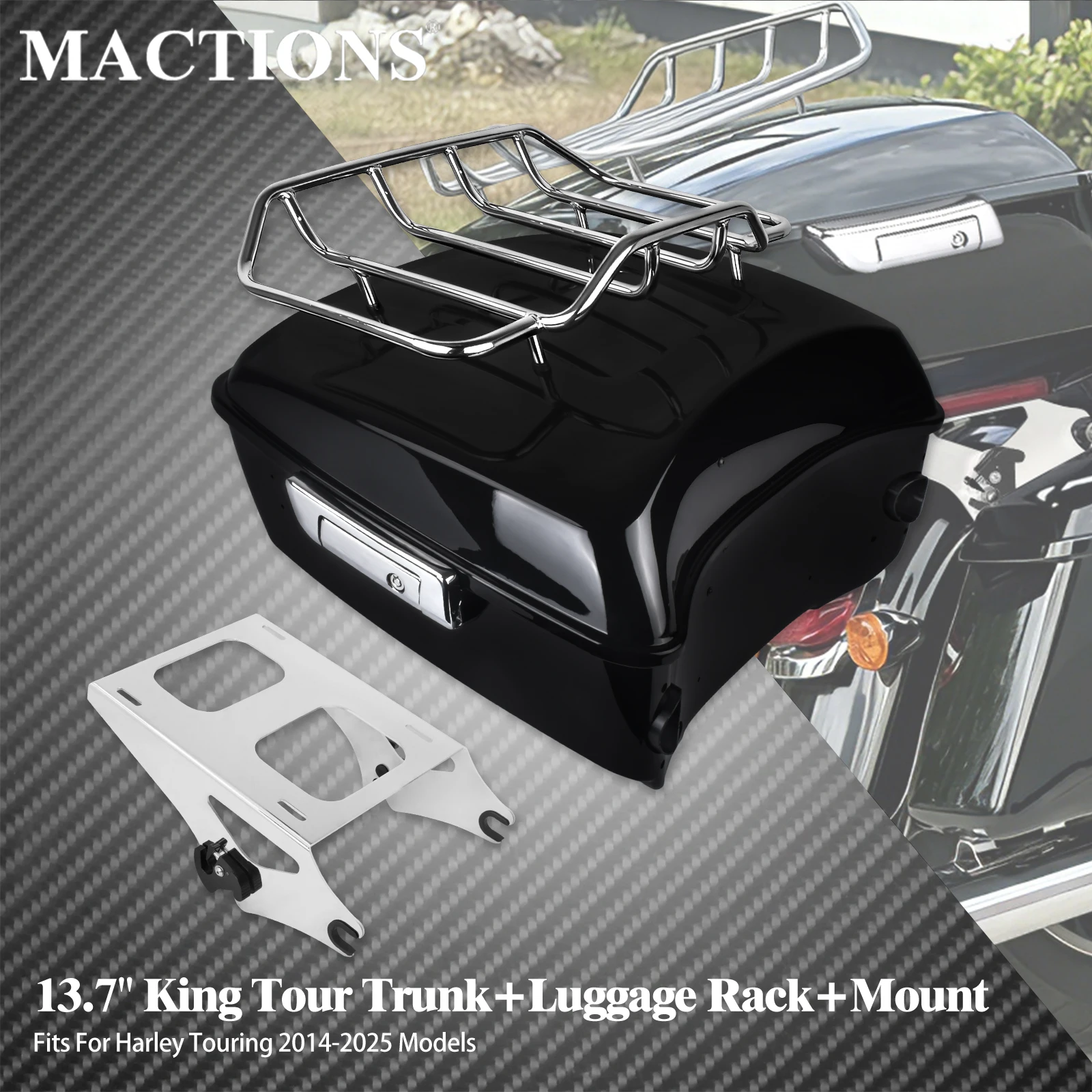 

Motorcycle 13.7" King Tour Trunk+Luggage Rack+Mount Rack Kit Top Bags For Harley Touring 14-2025 Road King Electra Street Glide