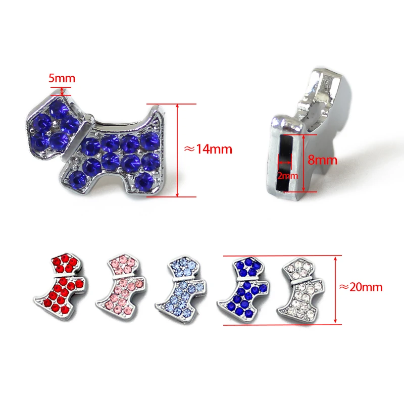 5PC/lot Hole 8mm Colorful Rhinestones Slide Charm Dog Bone Paw DIY Charms For 8MM Wristband Bracelet Pet Collar Jewelry Making