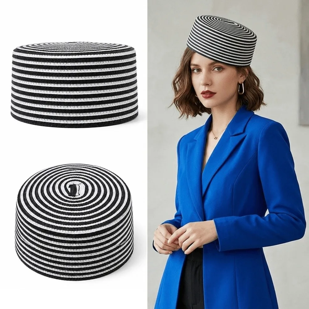 Retro Straw Pillbox Hat Striped Handwoven Mini Formal Hat Adjustable Breathable Flat Top Hat Women