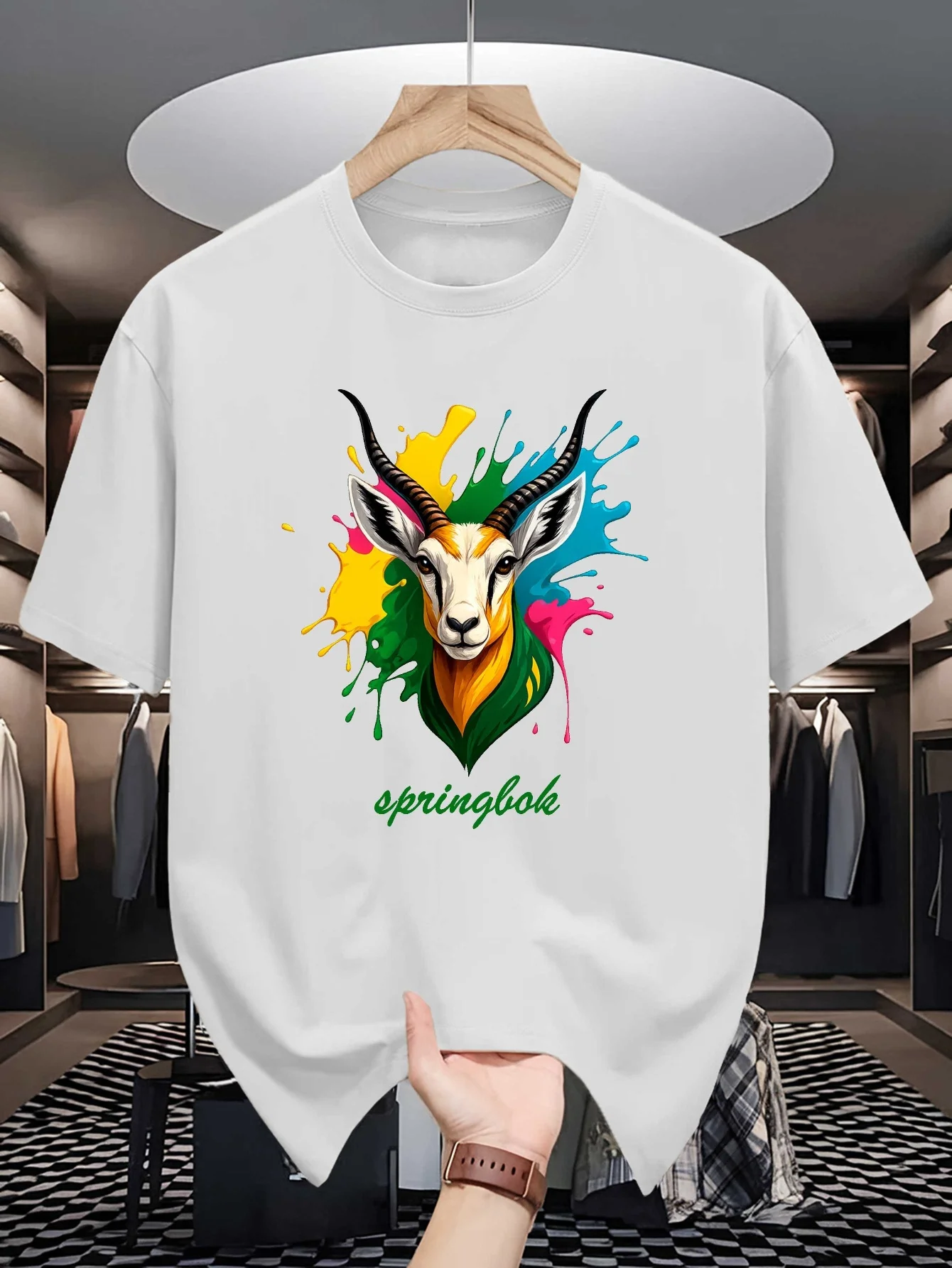 Color Splash Springbok Antelope Graphic Mens Crew Neck T Shirt Wild Animal Art Print Short Sleeve Casual Cotton Summer Tops