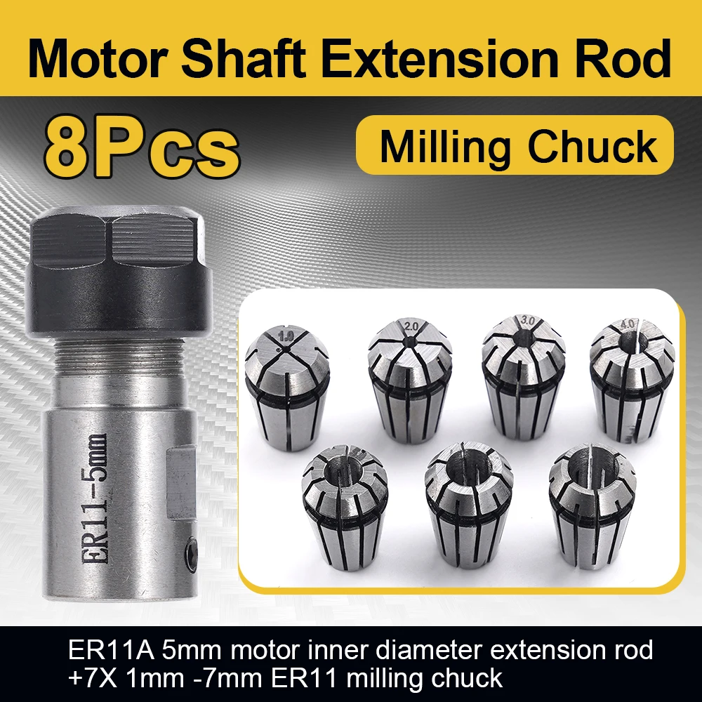 1Set ER11A 5mm Extension Rod Motor Shaft Holder +7x 1mm-7mm ER11 Milling Spring Chuck Shaft Holder For CNC Lathe Engraving