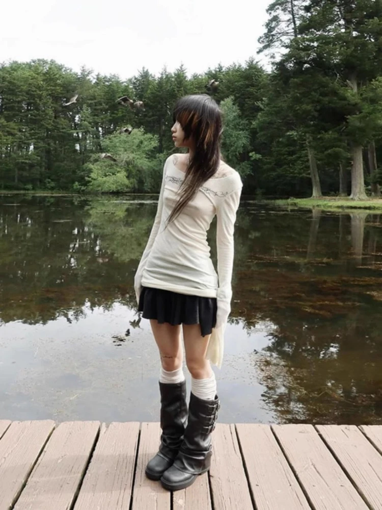 Y2k ريترو ستايل ملابس الشارع الشهير كم طويل تي شيرت المرأة طباعة عادية سليم القمم مثير شيك لون نقي خمر س الرقبة 2025 الخريف #3