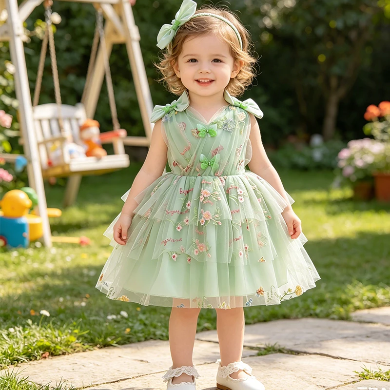 Carnival Clothes Girls Pink Embroidery Sequins Butterfly Tulle Lace Embroidery Infant Baptism Party Wedding Bridesmaid Clothing