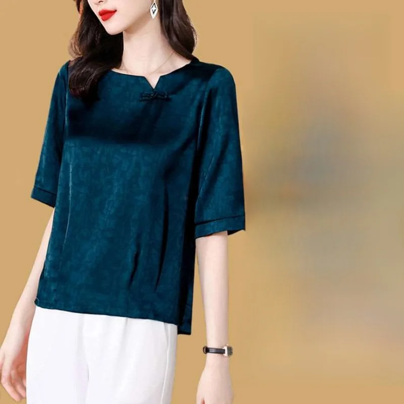 

Элитная шелковая блузка для женщин: идеальная посадка, из полипропиленового материала, с коротким рукавом, круглым вырезом, не мнется, тонкая модель