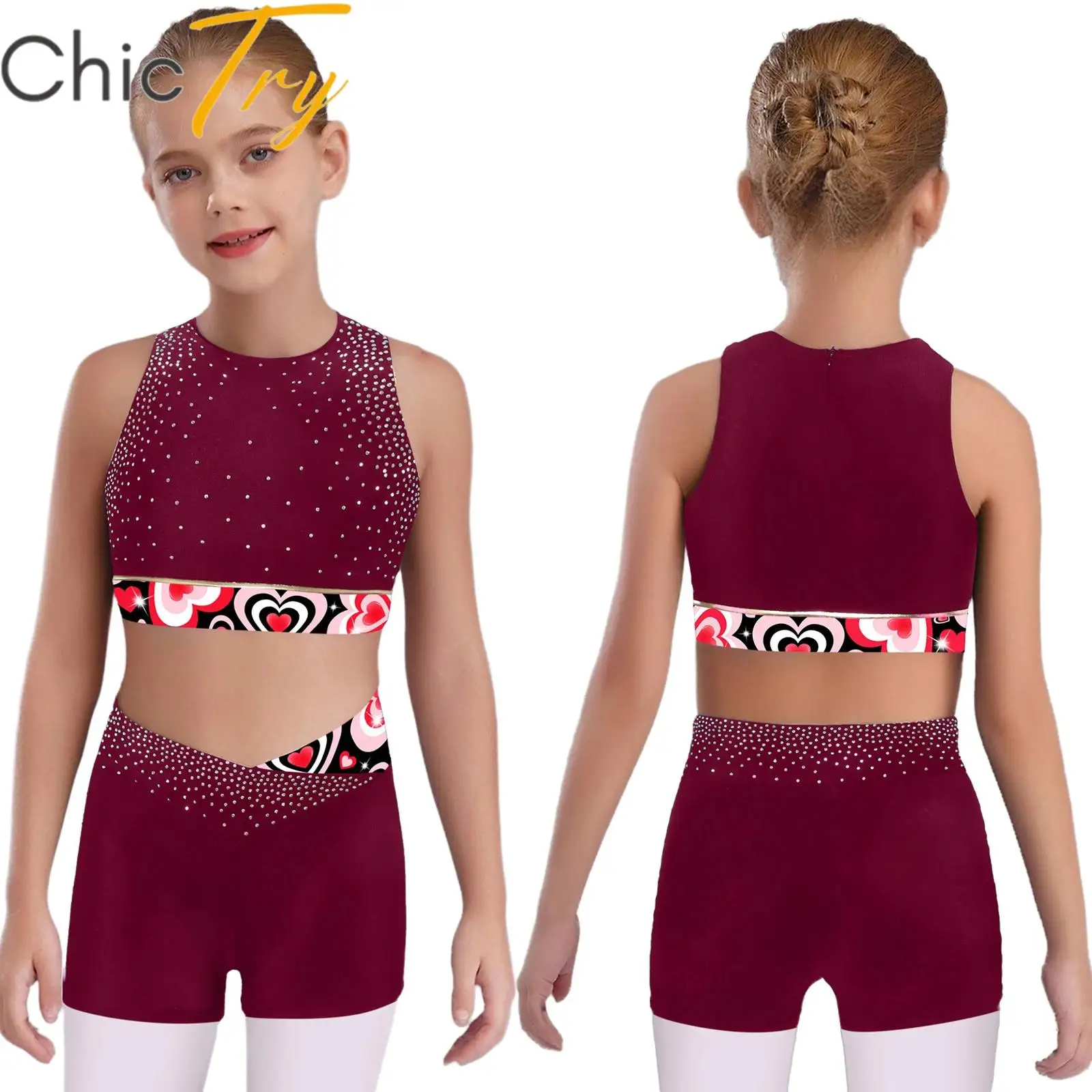 

Kids Girls Rhinestone Ballet Gymnastics Sets Sports Outfit Sleeveless Crop Tank Tops and Boyleg Shorts Printed Yoga Dance Wear