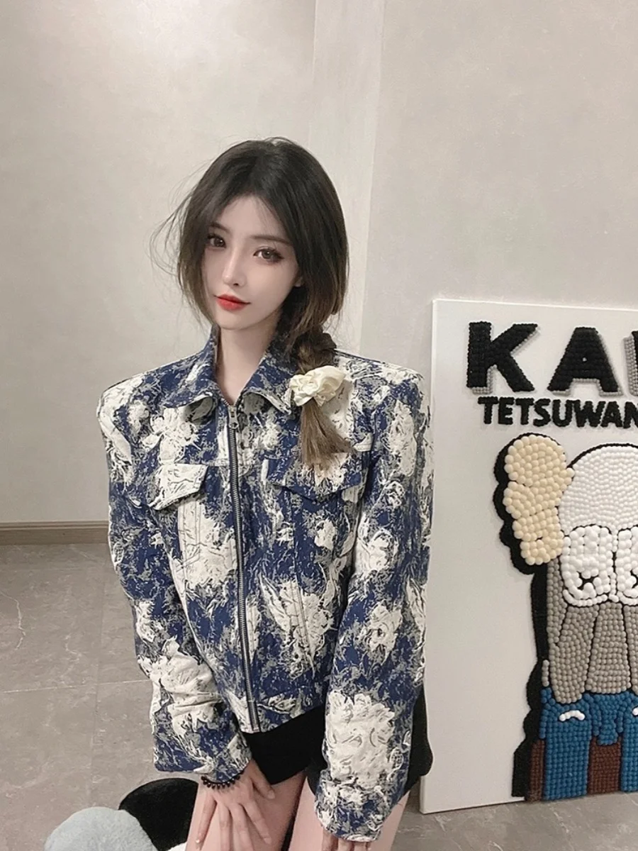 

Street Sle Tie Dye Denim Jaet ort Suit Sle Versatile Spring Faion Trendy Brand Top Quali Street Design Spring Wear